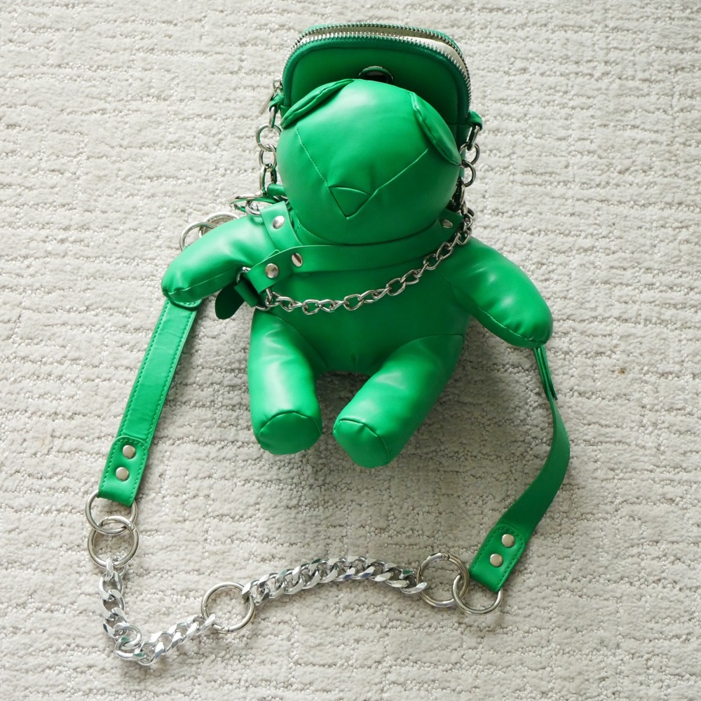 Akira Green Teddy Bear Crossbody Bag Harness Chain Link Streetwear Plush Pouch